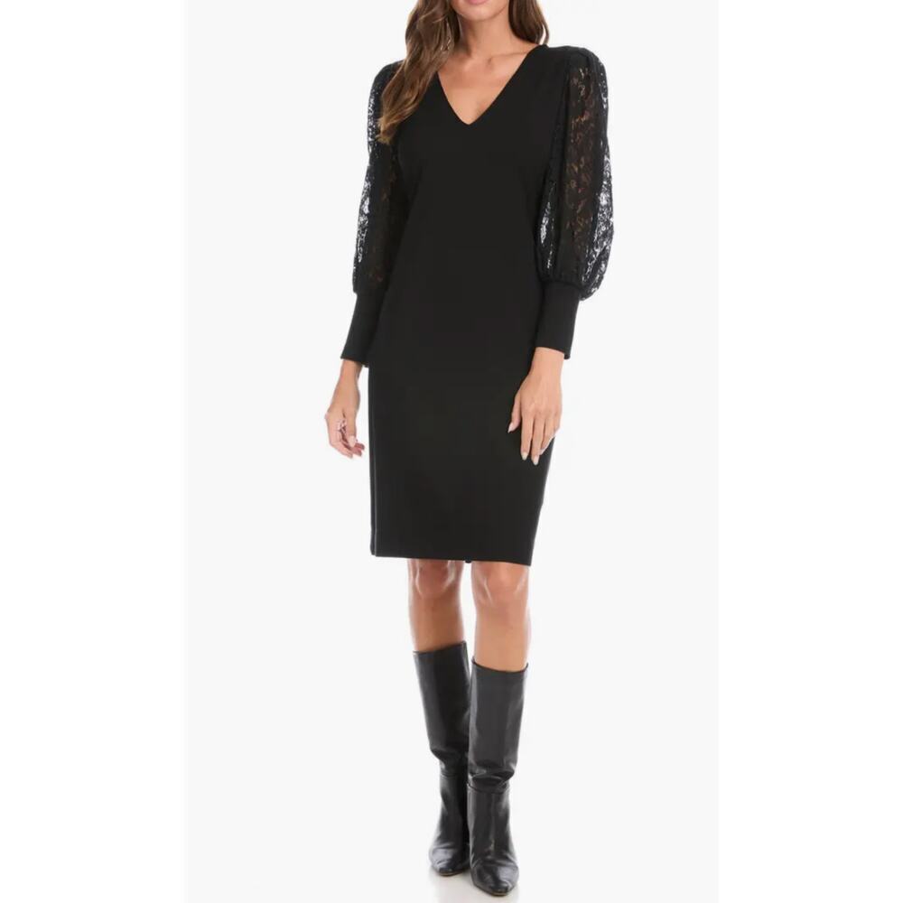 Karen Kane Haute Pink Lace Long Sleeve Black Sheath Dress size S Knee length NWT